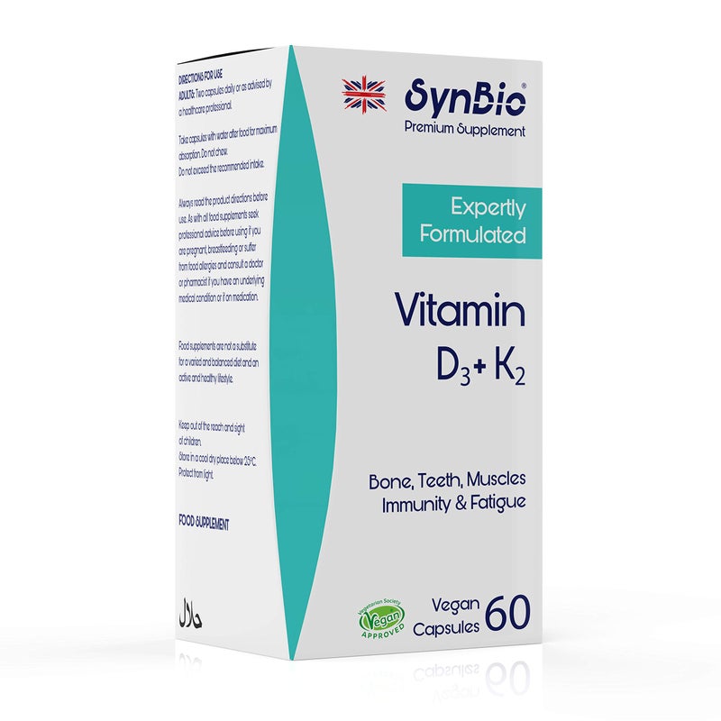 SynBio Premium - Vitamin D3 + Vitamin K2 | 60 Capsules | Support for Healthy Bones | Vegan | Nut Free | SOYA Free | Dairy Free | Made in The UK